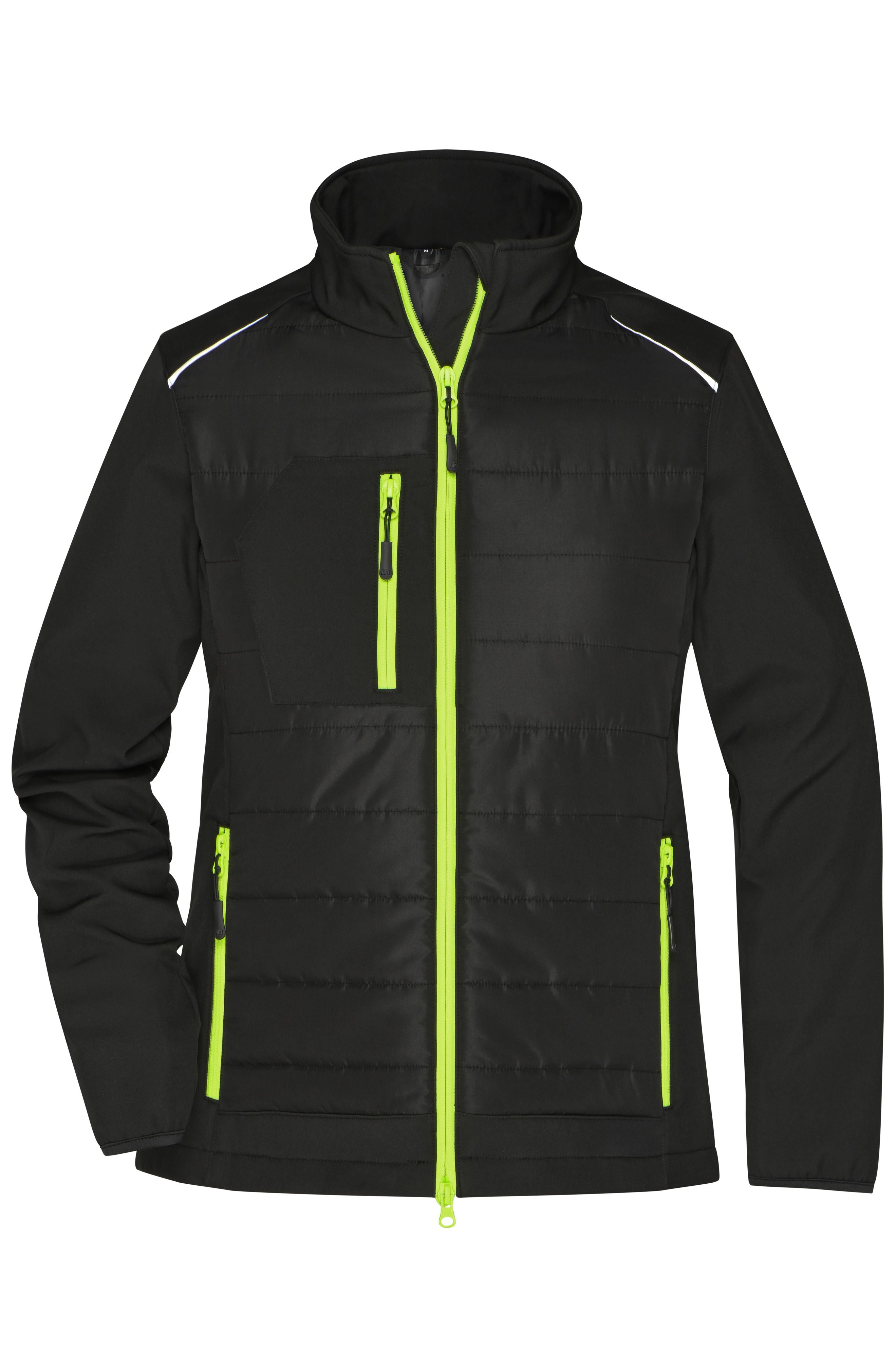 James & Nicholson Damen Softshell Hybridjacke black/neon-yellow