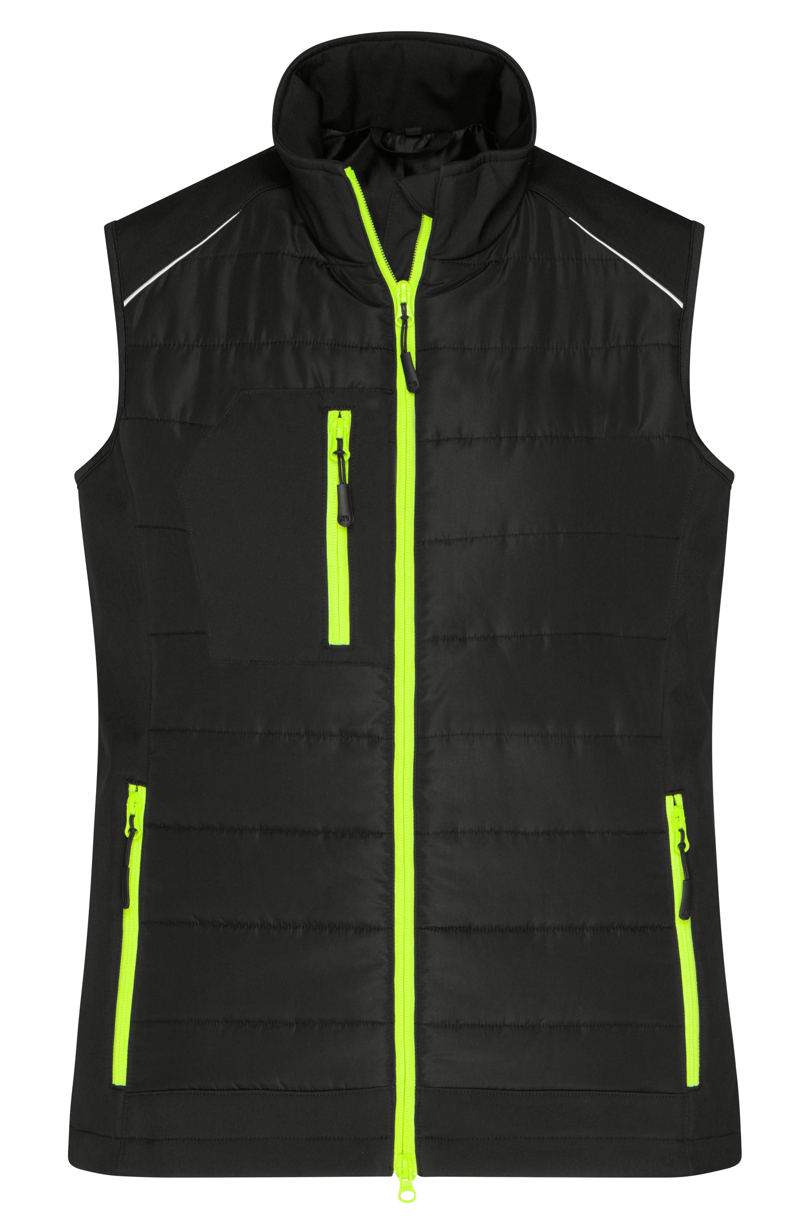 James & Nicholson Damen Softshell Hybridweste black/neon-yellow