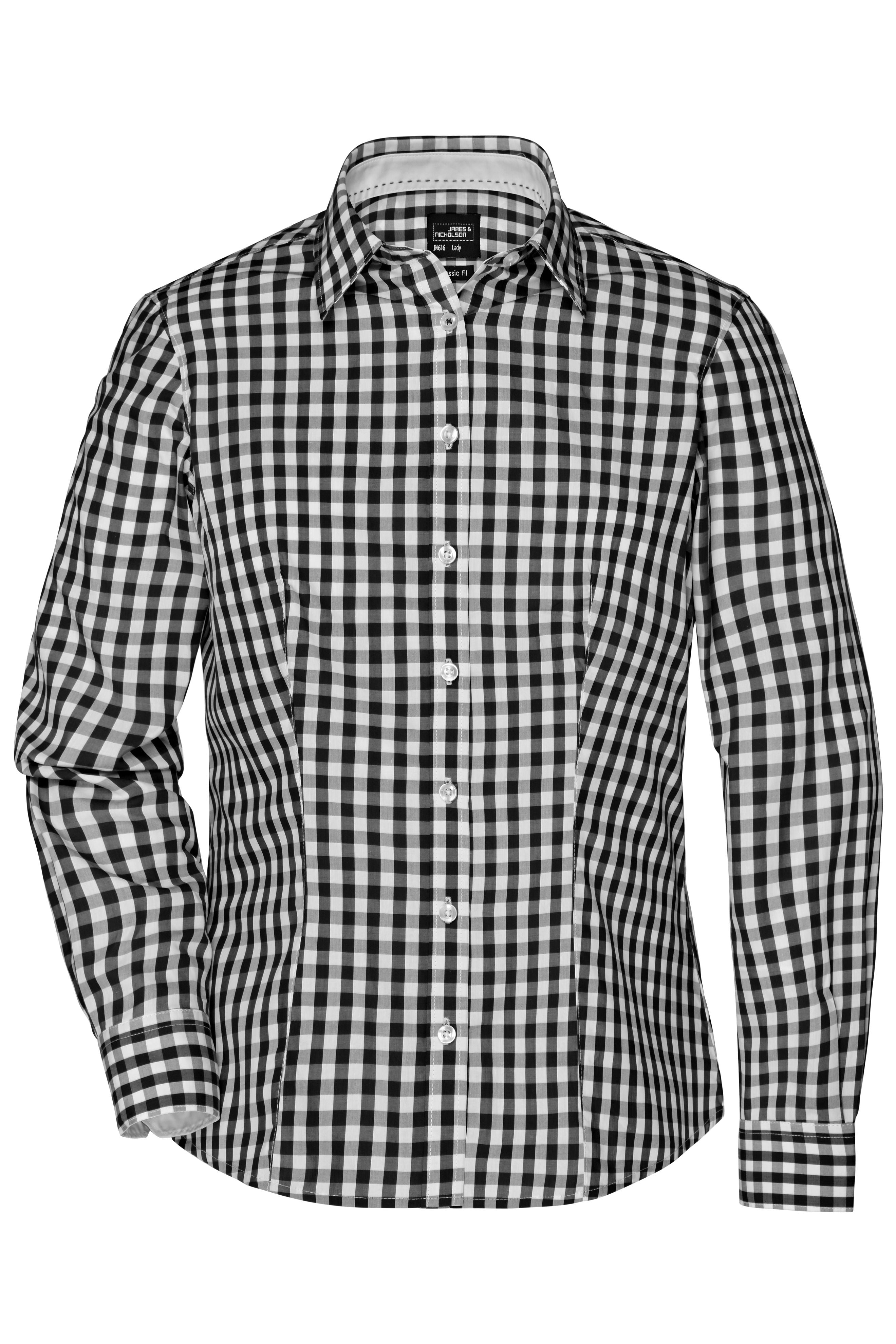 James & Nicholson Langarm Karobluse Easy Care black/white