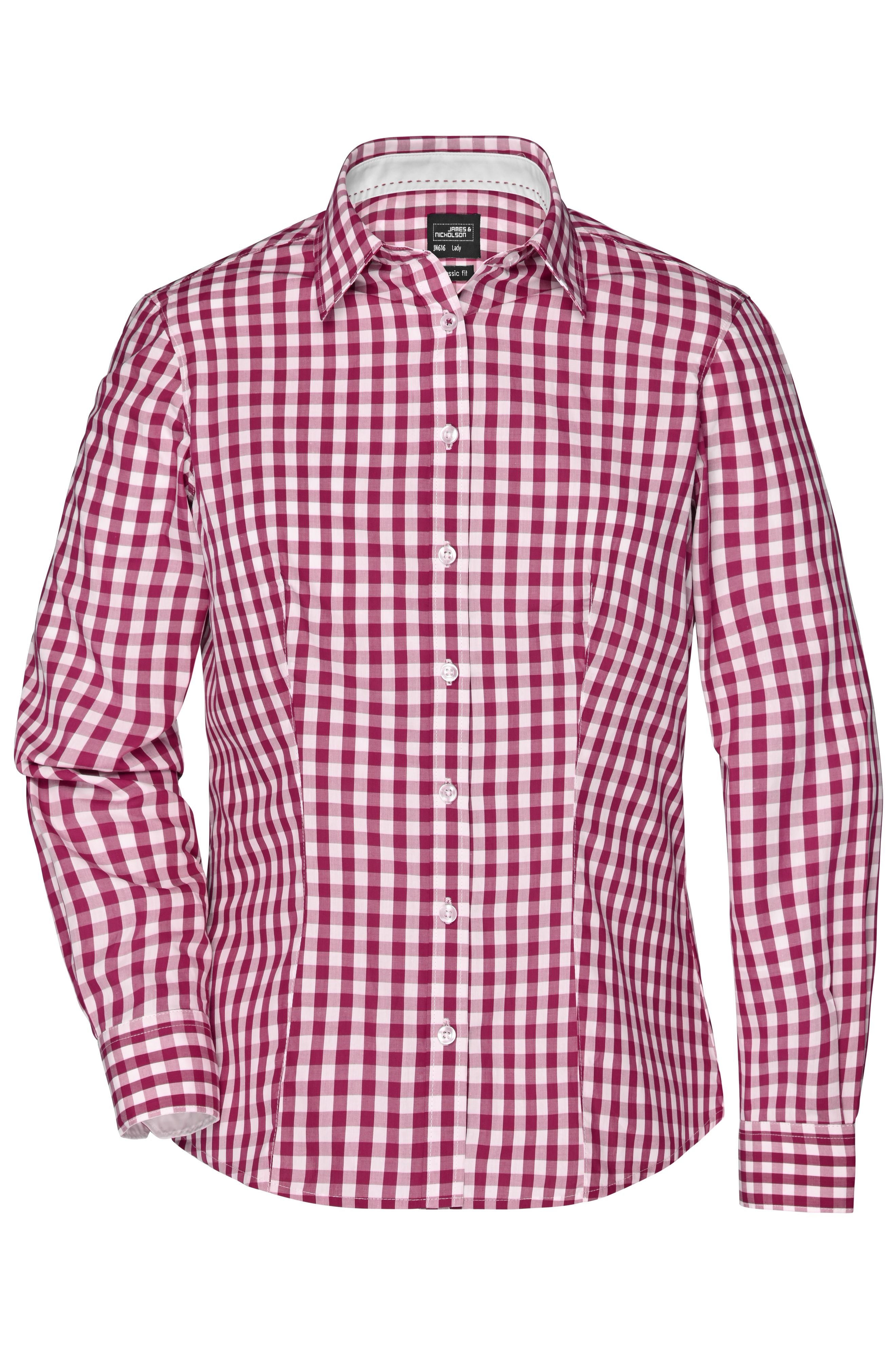 James & Nicholson Langarm Karobluse Easy Care bordeaux/white