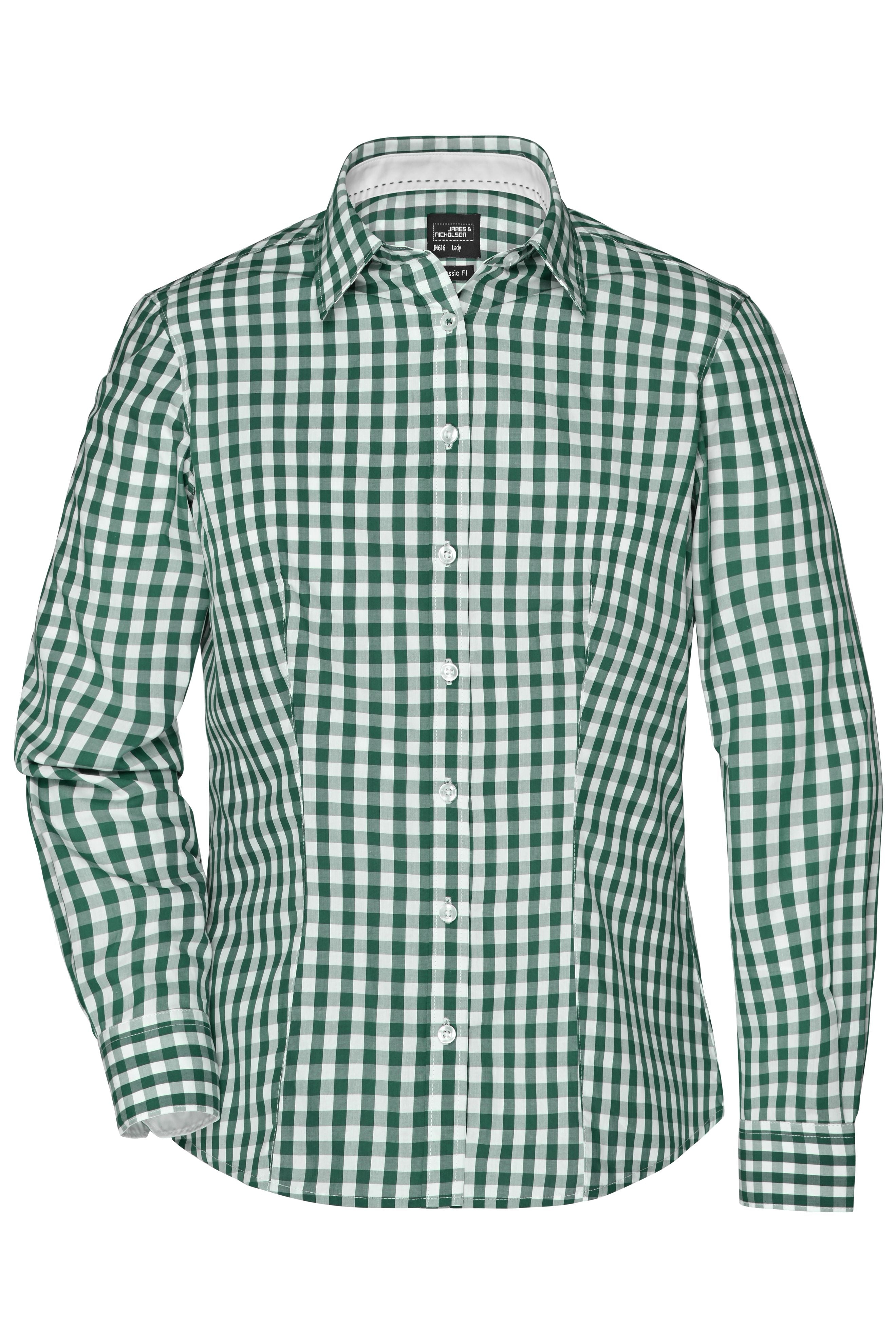 James & Nicholson Langarm Karobluse Easy Care forest-green/white