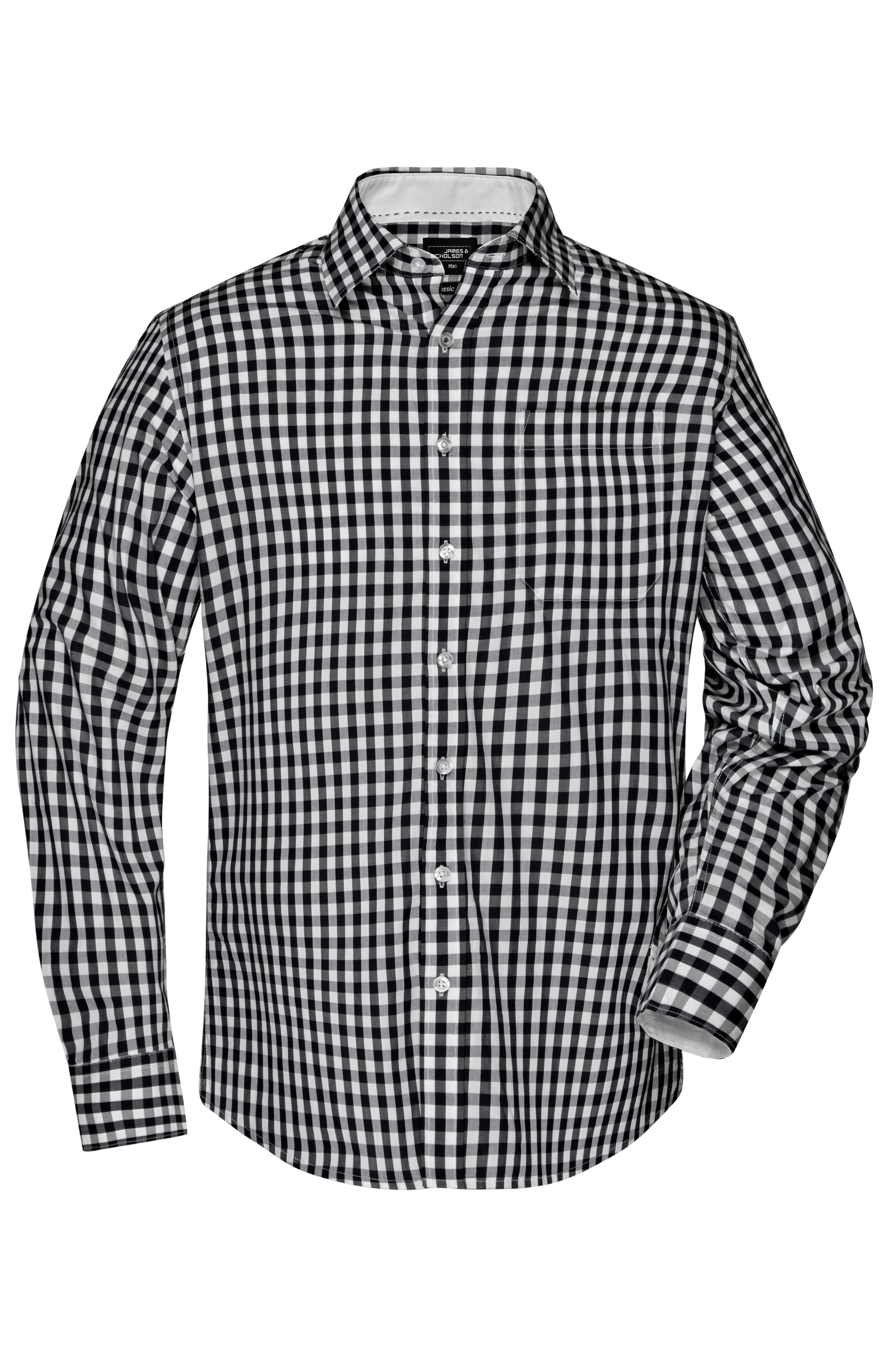 James & Nicholson Langarm Karohemd Easy Care black/white