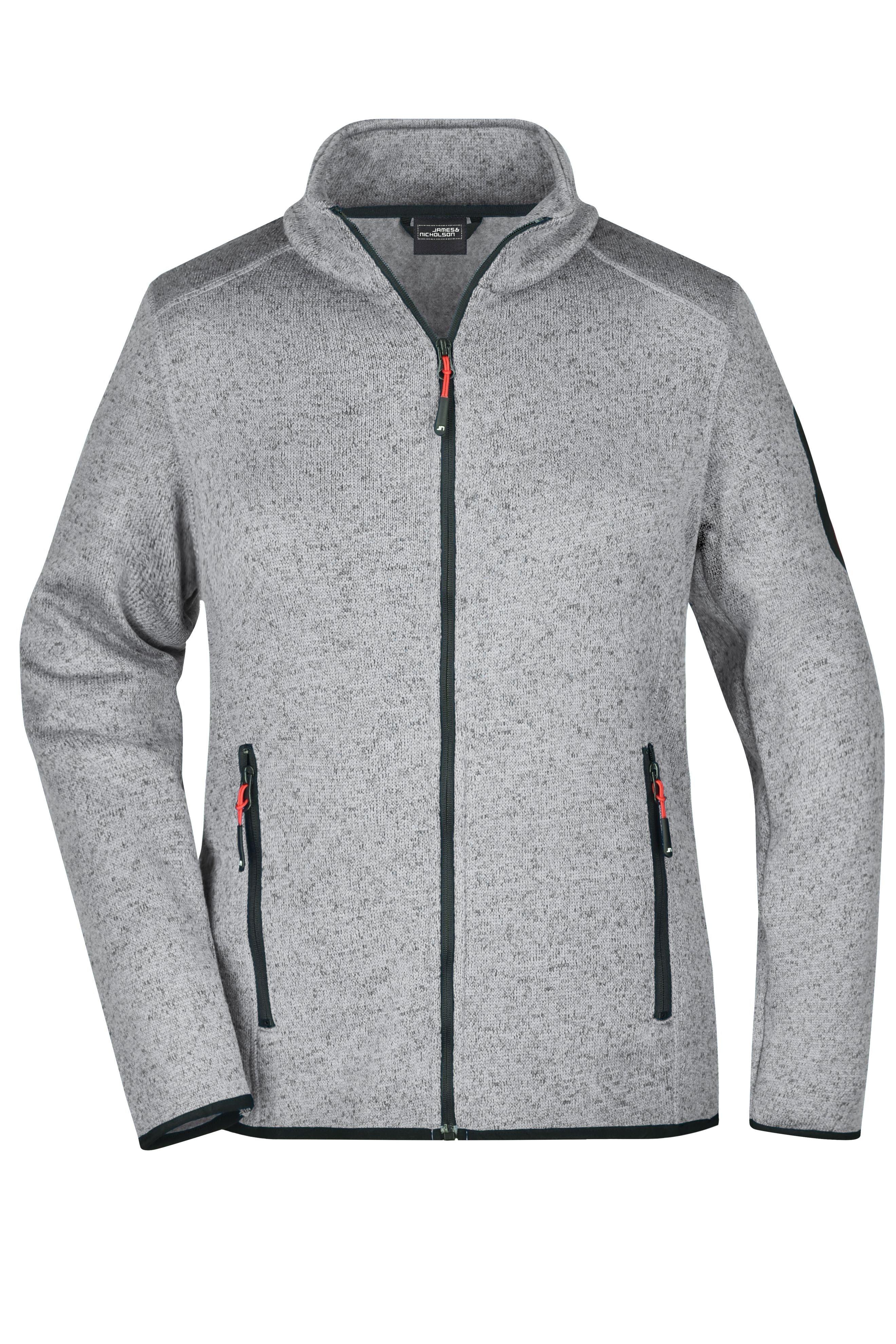 James & Nicholson Damen Fleece Strickjacke light-grey-melange/red