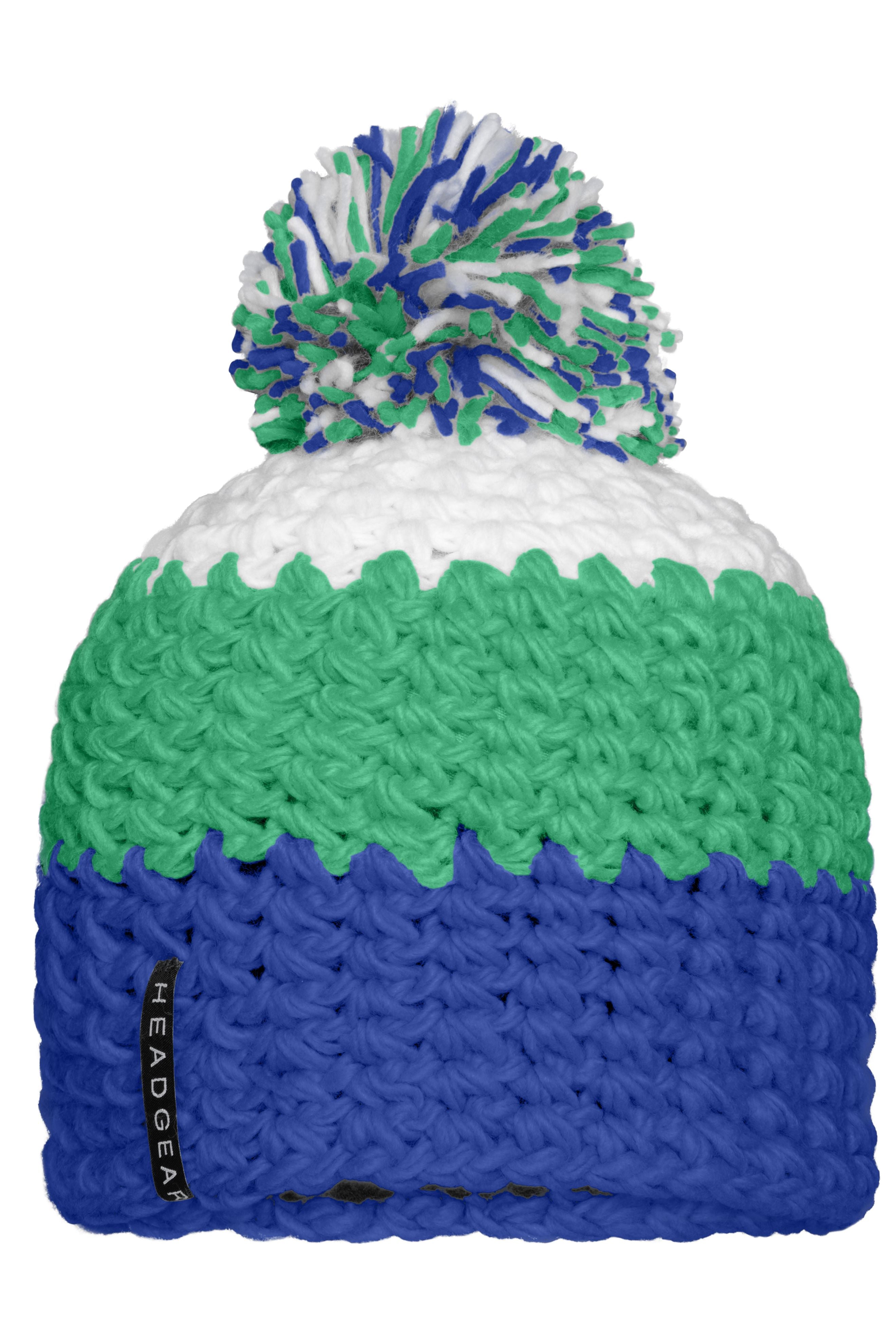 James & Nicholson 3-farbige Häkelmütze mit Bommel aqua/lime-green/white