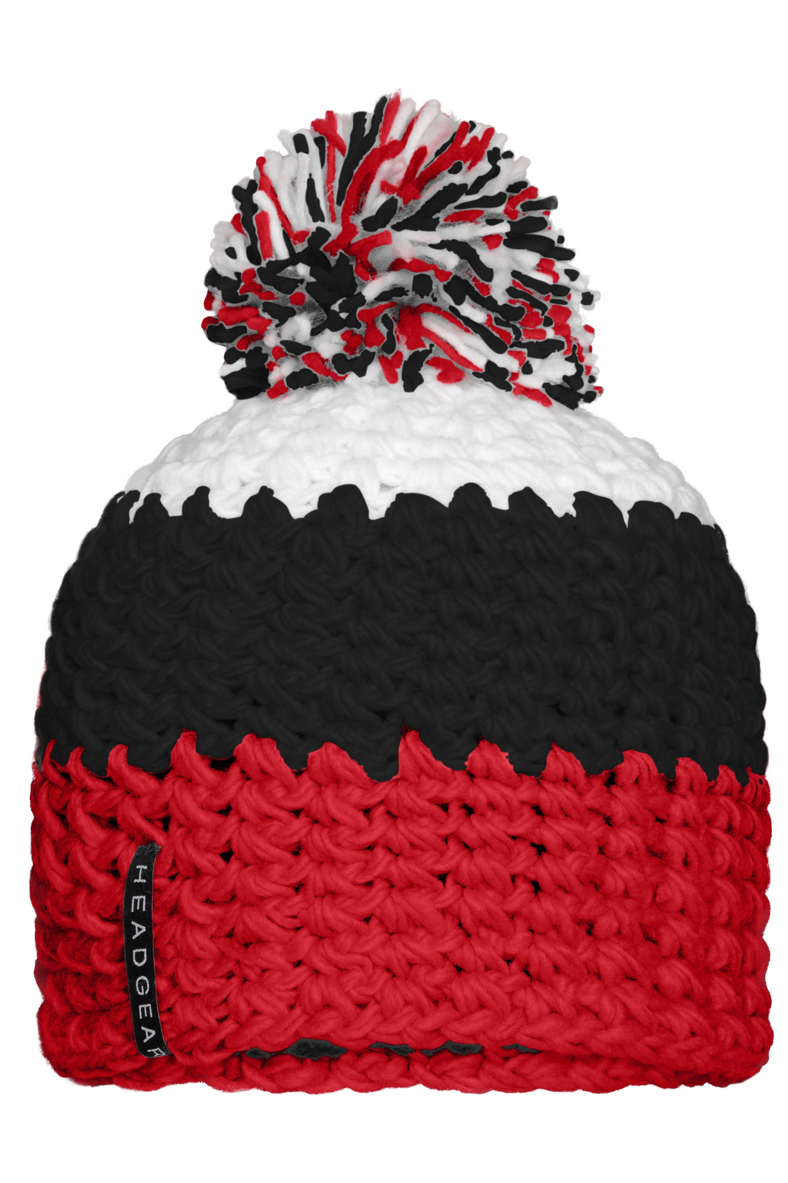James & Nicholson 3-farbige Häkelmütze mit Bommel red/black/white