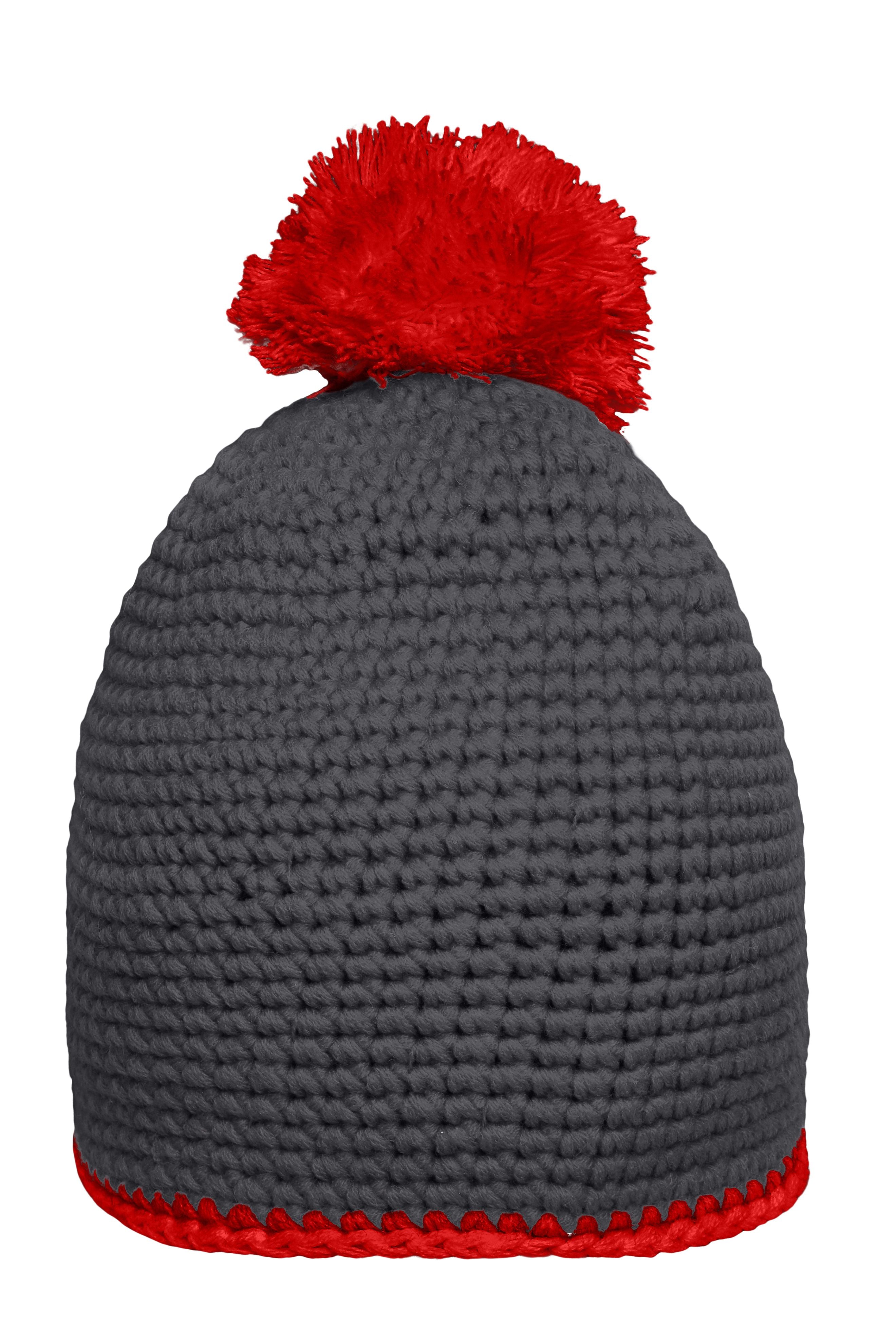 James & Nicholson Häkelmütze mit Pompon carbon/red