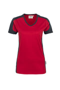 HAKRO Damen V-Shirt Contrast Mikralinar® rot/anthrazit
