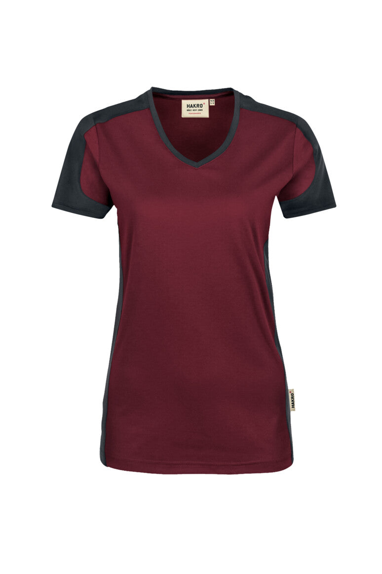 HAKRO Damen V-Shirt Contrast Mikralinar® weinrot/anthrazit