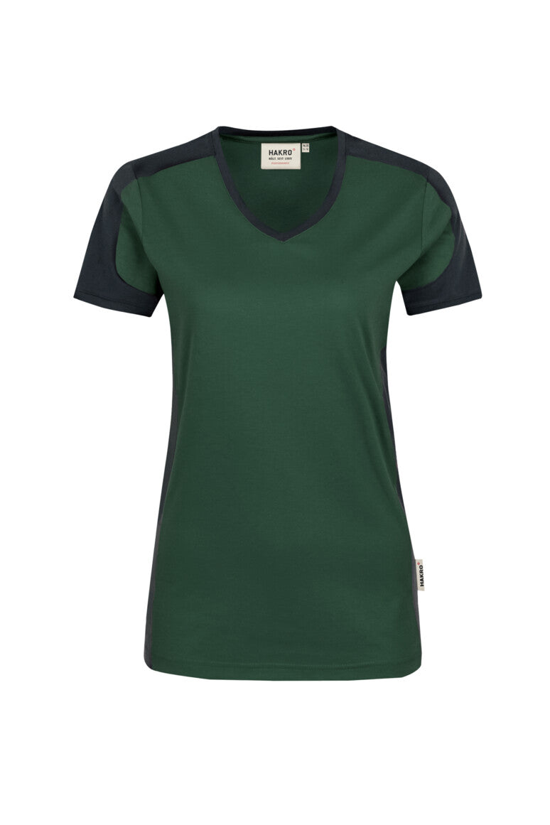HAKRO Damen V-Shirt Contrast Mikralinar® tanne/anthrazit