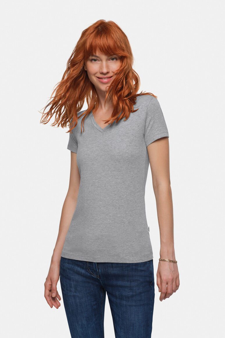 HAKRO Damen V-Shirt Stretch grau meliert