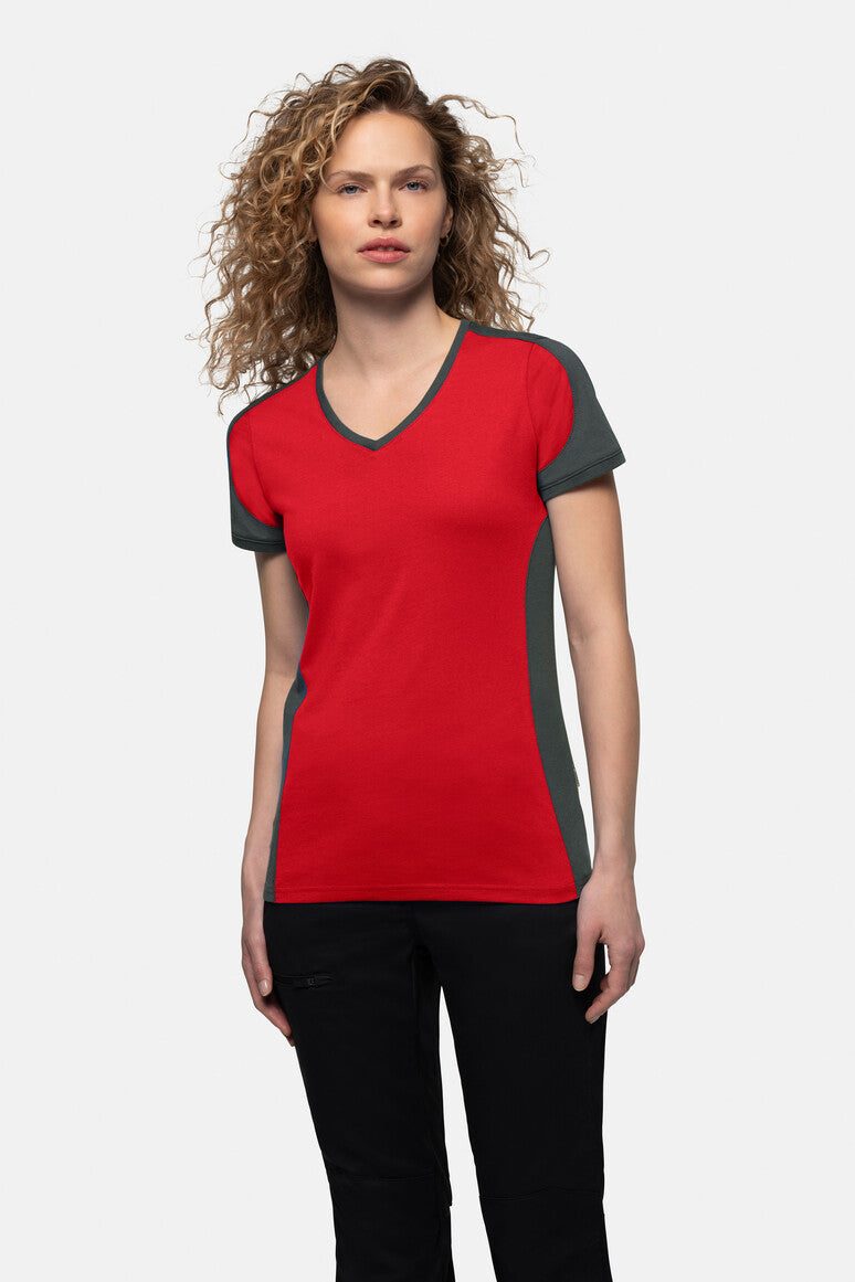HAKRO Damen V-Shirt Contrast Mikralinar® rot/anthrazit