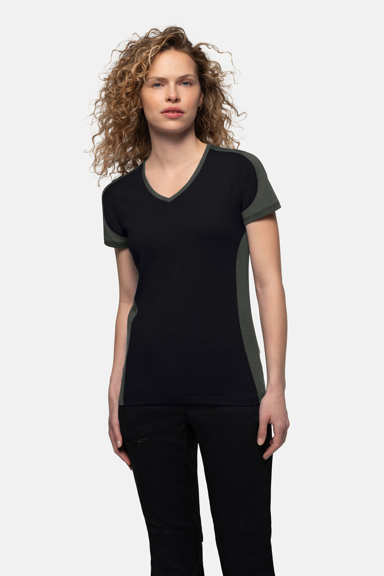 HAKRO Damen V-Shirt Contrast Mikralinar® schwarz/anthrazit