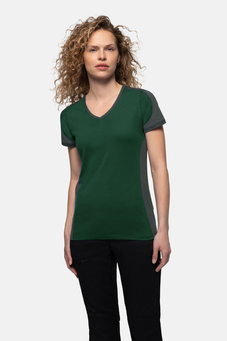 HAKRO Damen V-Shirt Contrast Mikralinar® tanne/anthrazit